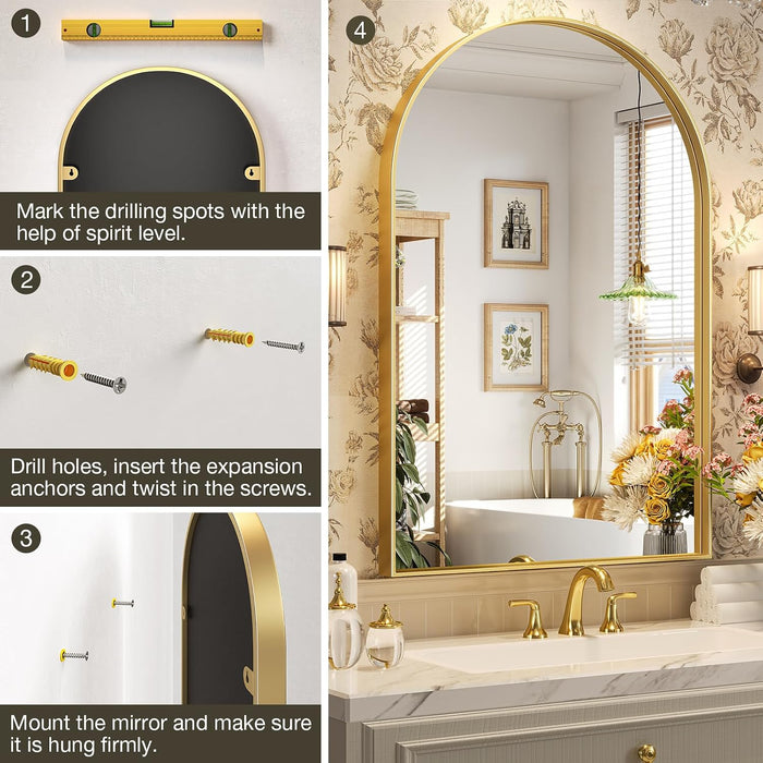 Gold Arched Mirror, 24 X 32 Inch Arch Wall Mirror, Brass Metal Frame Bathroom Mirror, Arched Top Bathroom Vanity Mirror for Living Room Bedroom Mantel Entryway Hallways