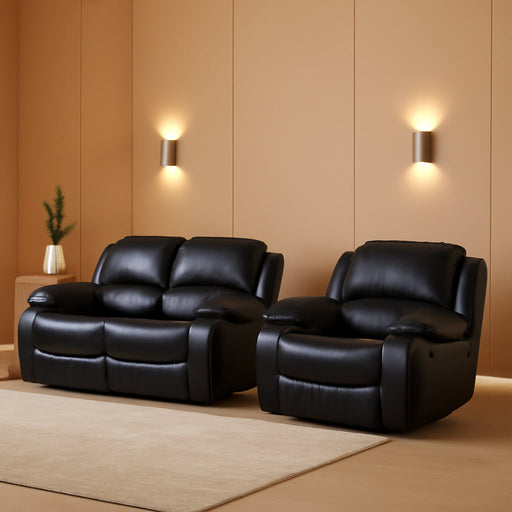 2PC Bonded Leather Recliner Set, Sofa, Loveseat, 8018, Black
