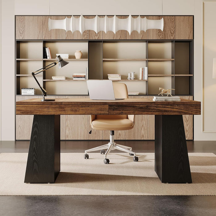 55 Inches Executive Desk, Mid-Century Modern Home Office Desk, Wood Computer Table Business Workstation Small Conference Table, Black & Brown