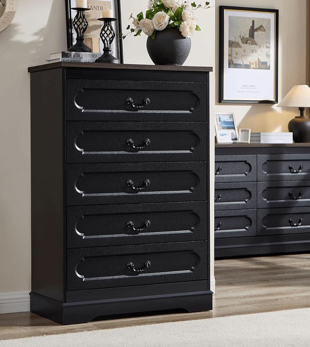 5 Drawer Dresser for Bedroom Farmhouse Black Wood Chest of Drawers for Bedroom Dresser, Rustic 46" Tall Wide Drawers Dressers Wooden Closet Storage Cabinet, Hallway, Living Room