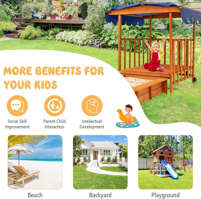 3 in 1 Kids Sandbox with Playhouse and Canopy, Wooden Cedar Bottomless Sand Pit for Backyard W/Wheels, Guardrails & Cover, Portable Sand Boxes for Kids Outdoor with Lid