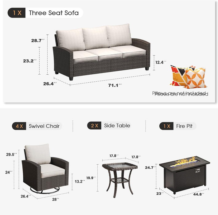 8 Pieces Patio Furniture Set with 45-Inch Firepit, Outdoor Wicker Conversation Set with 3-Seat Sofa, 4 Swivel Rocker and Metal Top Fire Pit Table & 2 Side Table for Garden, Beige Cushion