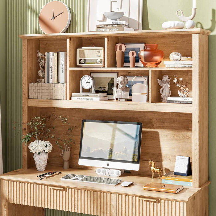 Halitaa Fluted Executive Desk with Drawers, Wood Computer Desk with Ample File Drawer, Home Office Desk with Hutch for Study, Bedroom, Living Room, Oak