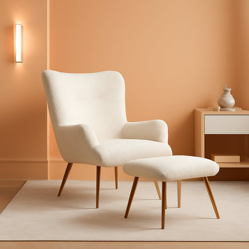 Boucle Accent Chair and Ottoman Set, Sherpa Armchair with Golden Metal Legs, High Back Reading Chair and Footstool for Living Room, Bedroom, Lounge, Ivory