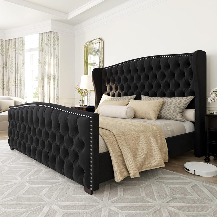 Queen Size Platform Bed Frame, Velvet Upholstered Bed with Deep Button Tufted & Nailhead Trim Wingback Headboard/No Box Spring Needed/Black