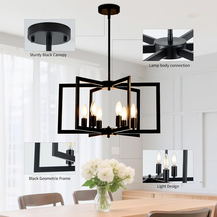 Modern Black Chandeliers for Dining Room, Industrial Metal Chandelier, 6-Light Adjustable Pendant Light for Farmhouse, Kitchen, Living Room(No E12 Bulbs)