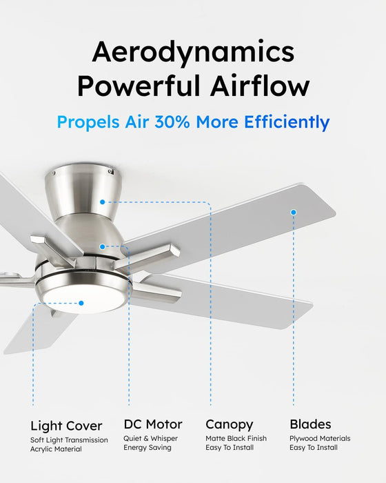 42 Inch Brushed Nickel Flush Mount Ceiling Fans with Lights and Remote, Low Profile Nickel Ceiling Fans for Bedroom Living Room Patio Porch, Quiet 6 Speed Reversible DC Motor, 3CCT, Dimmable