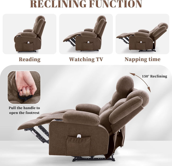 Oversized Recliner Sofa with Heat and Massage, Wall-Hugger Reclining Sofa with Cup Holders and USB Port, Big Large 3-Seater RV Recliner Couch Sofa for Living Room (Fabric, Brown)