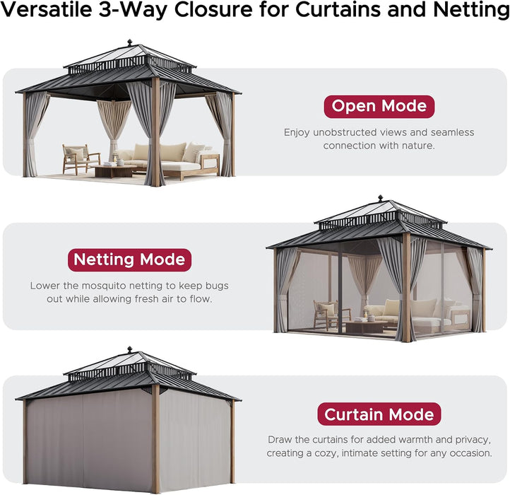 14x12 Hardtop Cedar Wood Gazebo PolycarbonateRoof CurtainsNetting