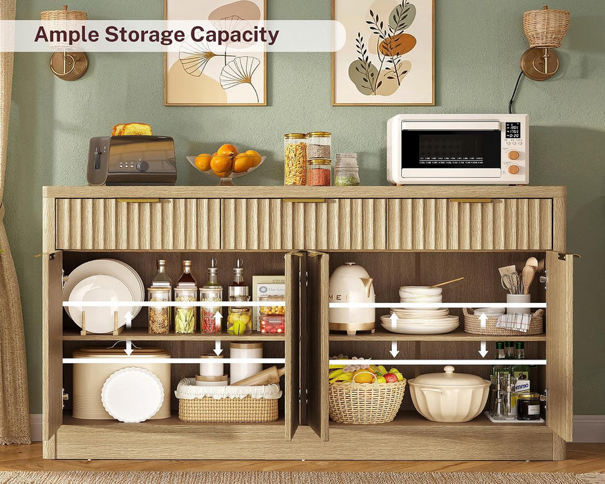 Large Buffet Cabinet with Storage & Drawers, Sideboard Cabinet with 2 Adjustable Shelves & 4 Doors, Coffee Bar Station, Kitchen Storage Cabinets, Natural