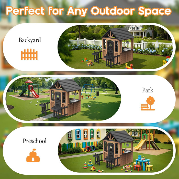 Kids Outdoor Wooden Playhouse with Kitchen Set, Durable Wood Construction with Waterproof Roof & Rust-Resistant Hinges, Pretend Playhouse for 3–8 Years Old Boys & Girls