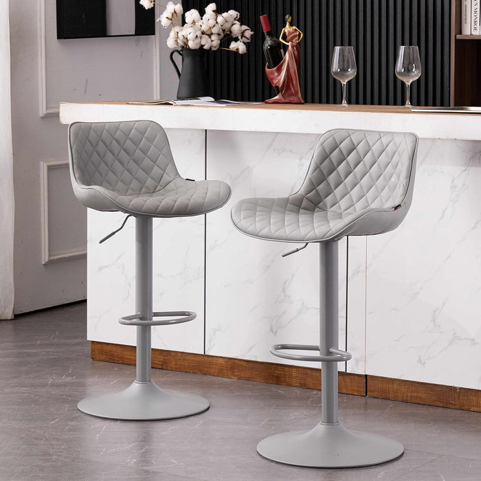 All Grey Bar Stools Set of 2, Upholstered Counter Height Bar Stool, Adjustable Swivel Faux Leather Barstools, with Padded Back, Metal Base, Kitchen Chairs for Home Island