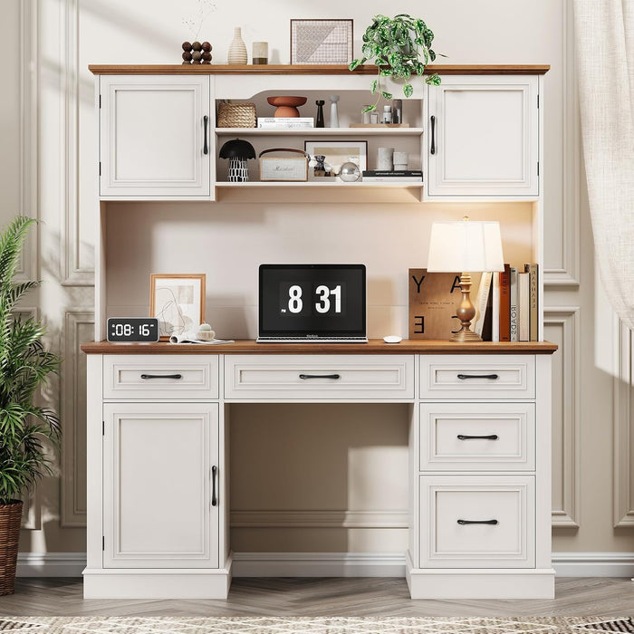 67" H Farmhouse Executive Desk with Hutch.Wood Workstation with 5 Drawers,Storage Cabinet,File Drawers and Charging Station, Ideal as Office Desk,Computer Desk for Home Office, Study(White