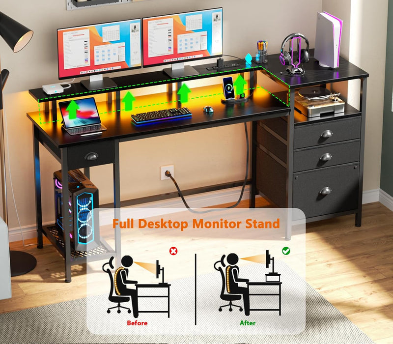 Black Computer Desk with 4 Drawers, 60" Long Office Desk with Fabric File Cabinet and Power Outlets, Gaming Desk with LED Lights, Study Writing Work Desk for Home Office