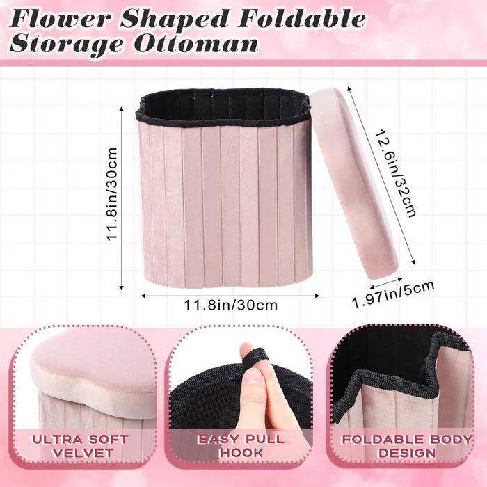 2 Pcs Storage Ottoman Flower Shaped Foot Stools Foldable Velvet Storage Box Footrest Small Ottoman Seat with Folding Vanity Stool for Dorm Home 12. 6 X 12. 6 X 12. 6 Inch(Pink)