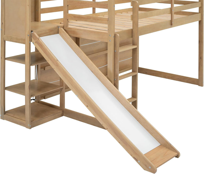 Twin EngineeredWood Loft Bed With Slide StorageShelves