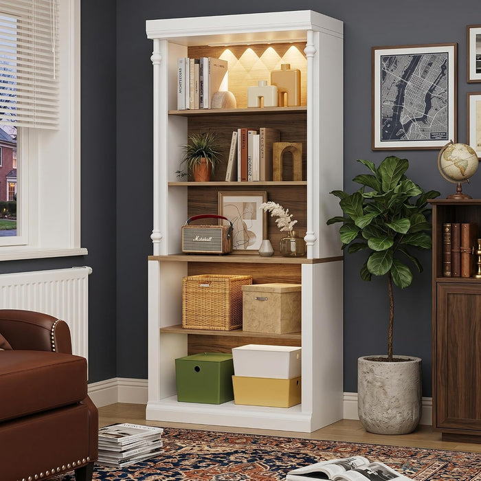 71" Tall 5-Tier Bookshelf, Large Open Display Bookcase with Ample Storage & LED Light, Floor Standing Book Shelf for Living Room, Home Office, Bedroom, White