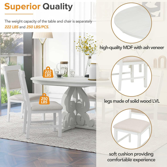 round Solid Wood Dining Table Set for 4, Farmhouse Kitchen Table Set with 4 Upholstered Chairs, 5-Piece Table and Chairs Set for Kitchen, Dining Room, Living Room, Antique White