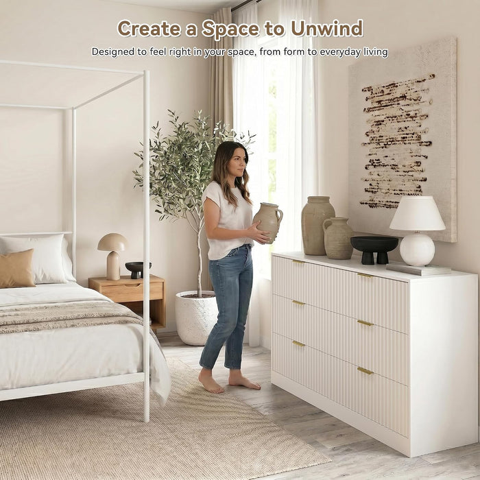 White 6 Drawer Dresser for Bedroom, 55" Wide Fluted Chest of Drawers with Gold Metal Handles, Wood Dresser Storage Organizer Mid Century TV Stand for Living Room Closet Hallway