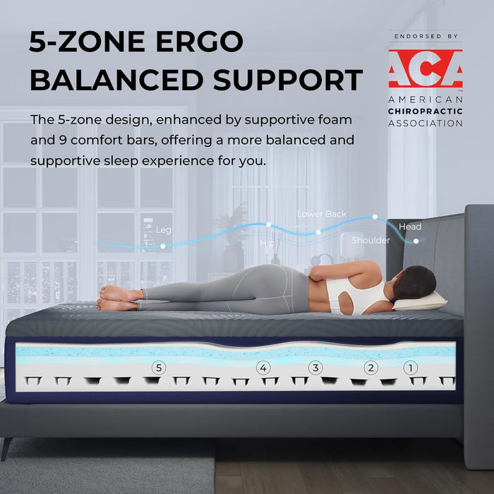 16 Inch Queen Size Mattress, Cooling Gel Queen Size Foam Mattress for Cool Night Sleep, 5-Zone Ergo Support for Pressure Relief, Medium Firm, Certipur-Us Certified