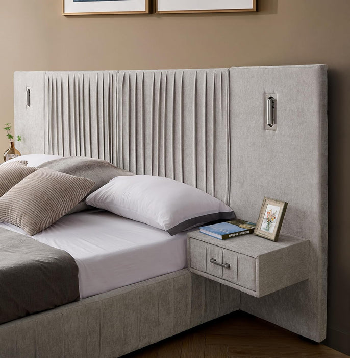 Queen Size Bed Frame with Built-In LED Lights and Nightstands, Chenille Upholstered Queen Platform Bed with Oversize Headboard,Pleated Design Grounded Bed,No Box Spring Needed,Beige
