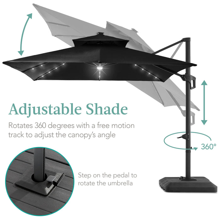 10X10Ft 2-Tier Square Outdoor Solar LED Cantilever Patio Umbrella W/ Base Included - Black