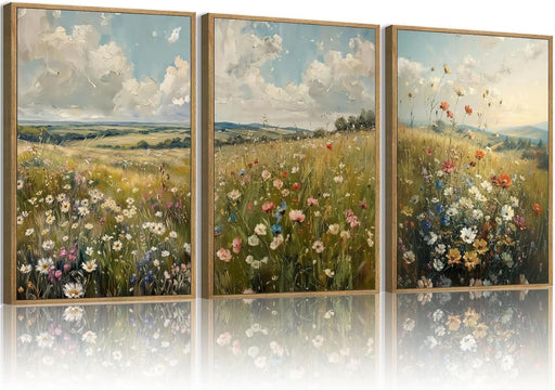 3 Pcs Vintage Wildflowers Posters Decorative Paintings Farmhouse Field Landscape Oil Paintings Paintings Art Decoration Nature Scenery Colorful Floral Canvas Prints Suitable for Living Room Bedroom Study and Office 12X16 Inch Unframed