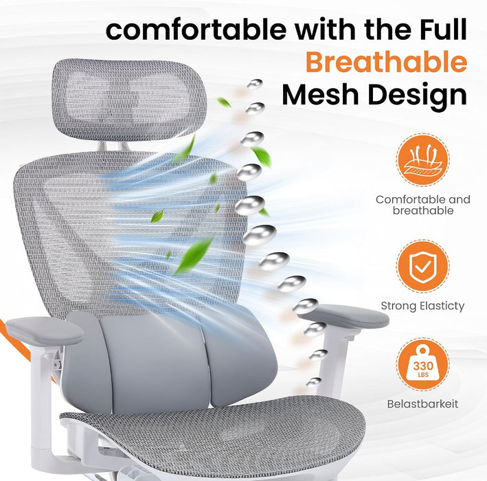 Big & Tall Ergonomic Mesh Office Chair 350Lbs, High Back Reclining Gaming Desk Chair with 3D Headrest, Adjustable Armrests, Lumbar Support & Retractable Footrest, Gray