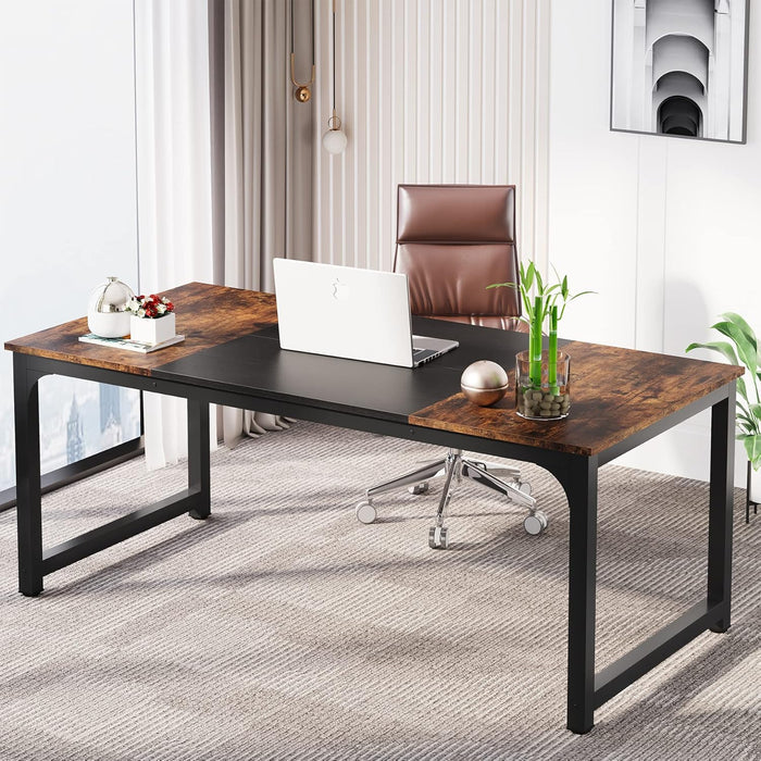 70.8 Inch X-Large Executive Computer Office Desk, Brown+Black