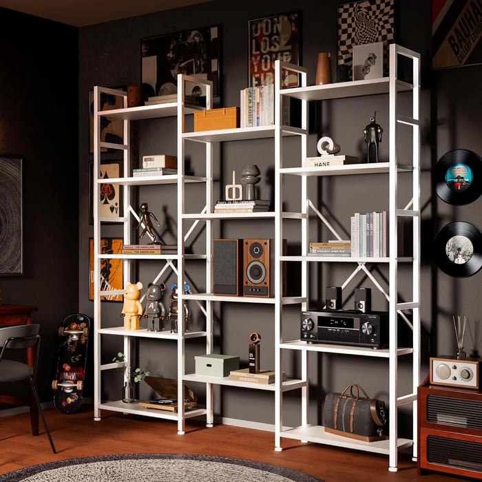 Triple 5 Tier Bookshelf, Bookcase with 14 Open Display Shelves, Wide Book Shelf Book Case for Home & Office, White