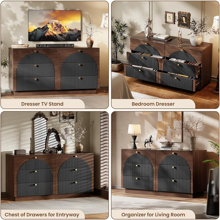 Arched Fluted Dresser for Bedroom 6 Drawers 55" Wide Walnut Black