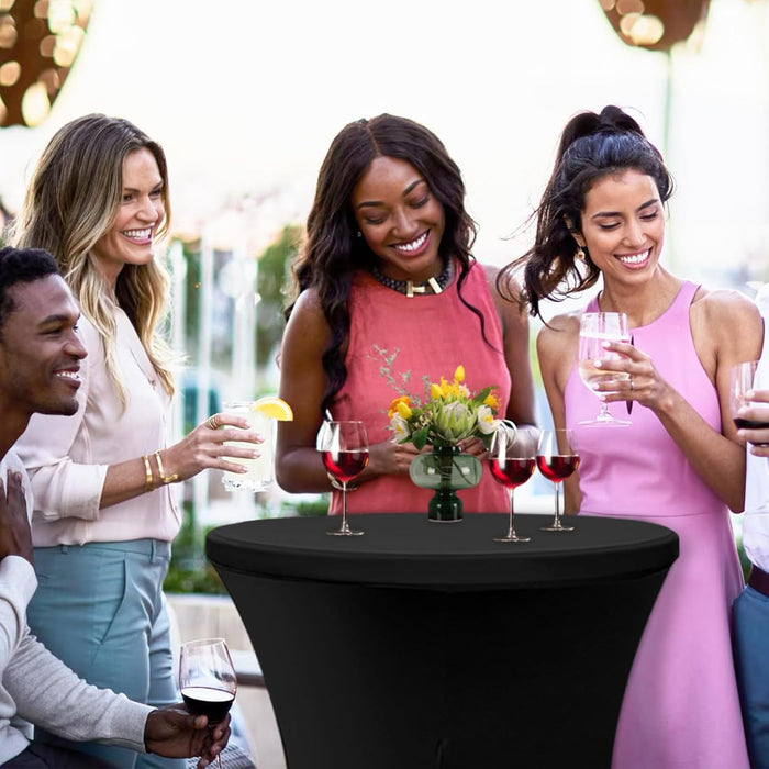 2 Sets 32In High Top round Folding Cocktail Table Indoor Outdoor Parties Bbqs Weddings Events White Bar Height Tables with 32"X43" Spandex Stretch Black Table Covers