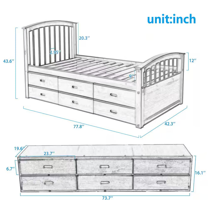 Oak Twin Size Solid Wood Platform Bed with 6-Drawers