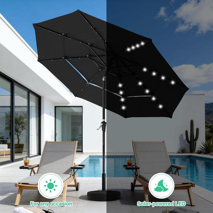 9 Ft 3-Tier Outdoor LED Lighted Patio Umbrella W/Crank, Black