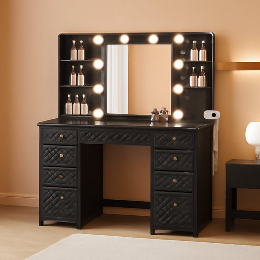 Black Vanity Desk with Mirror and Lights, 11 Drawers, 43.3", Power Strip | Vanities with Storage, 6 Open Shelves, Makeup Dressing Table with 3 Color Modes, Bedroom, Women, Girls, Small Space