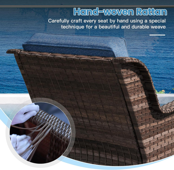 4 Pieces Outdoor Patio Furniture Set with Fire Pit Table, Wicker Chairs Set with Washable Cushions and Patio Couch Sofa, PE Rattan Conversation Set for Garden Porch Balcony, Blue