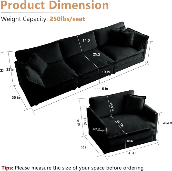 Luxury 3 Piece Sofa Set, 2 Pieces of Single Sofa and 1 Piece of 3 Seater Sofa, Modern Chenille Comfy Cloud Couches Set with 7 Pillows for Living Room Office, Black