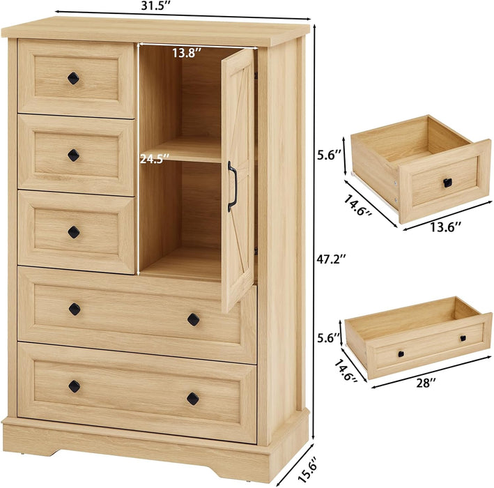 Dresser for Bedroom, Farmhouse Dresser with 5 Wooden Drawers and Storage Cabinet, 48 Inches Tall Chest of Drawers for Bedroom, Natural Oak