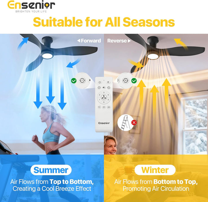 52 Inch Flush Mount Ceiling Fan with Light and Remote, Black Low Profile Ceiling Fans with Lights for Bedroom Living Room, 3 ABS Blades, Modern Quiet Reversible DC Motor, 3CCT, 6 Speeds