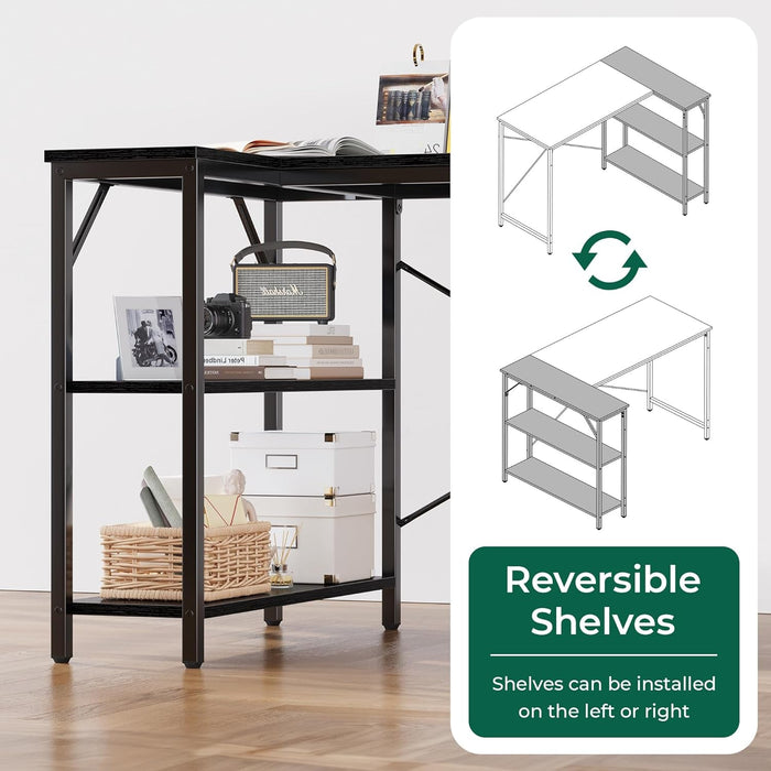 L Shaped Desk, 47 Inches Computer Desk with Reversible Storage Shelves, Gaming Desk, Corner Desk Home Office Desks, Writing Desk Study Desk with Metal Frame, Black