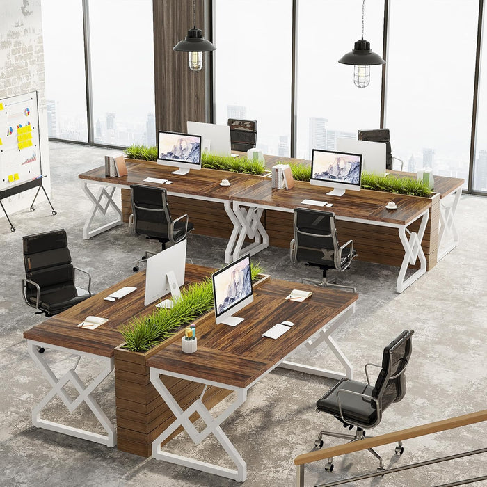 63 Inch Executive Desk, Large Office Desk with Metal Frame, Ergonomic Writing Desk Computer Workstation, Modern Wood Computer Desk for Home Office, Easy Assembly (Brown+White)