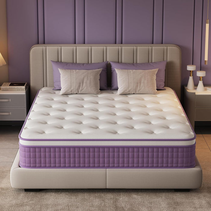 12 Inch Queen Mattress in a Box, Purple Hybrid Mattress with Gel Memory Foam and Pocket Springs for Motion Isolation, Pressure Relief & Cool Sleep, Medium Firm, Certipur-Us Certified