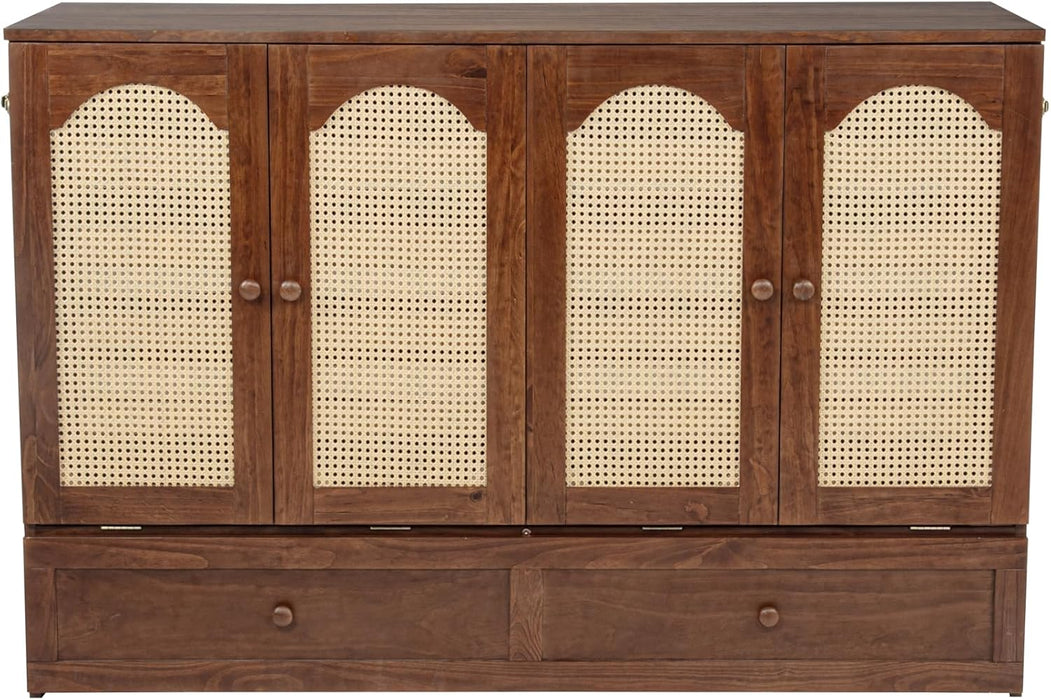 Queen Murphy Bed Chest with Charging Station & Large Drawers, Wooden Cube Cabinet Bed with Foldable Bedframe for Apartment Living Room Bedroom(Mattress Not Included) Walnut