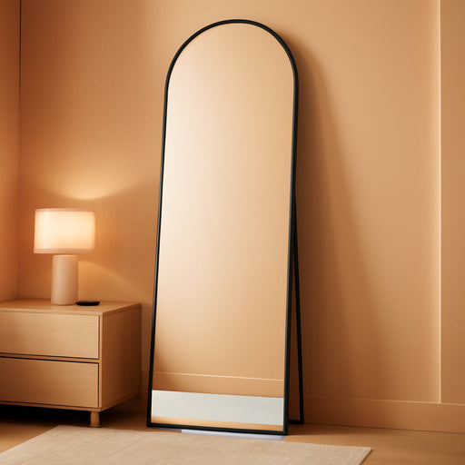 Arched Full Length Mirror with Stand Floor Standing Aluminum Frame for Bedroom Body Hanging Leaning Modern Simple Home Decor Shatter-Proorf Nano Glass Wall Living Room Cloakroom Black 56"X21"
