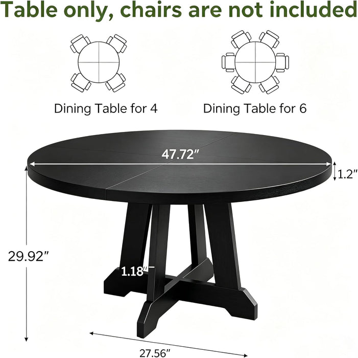 round Dining Table for 4, 47 Inches Dining Room Table with Wooden Base, Kitchen Table with Circle Tabletop, Dinner Table for Dining Room, Kitchen, Living Room, Black