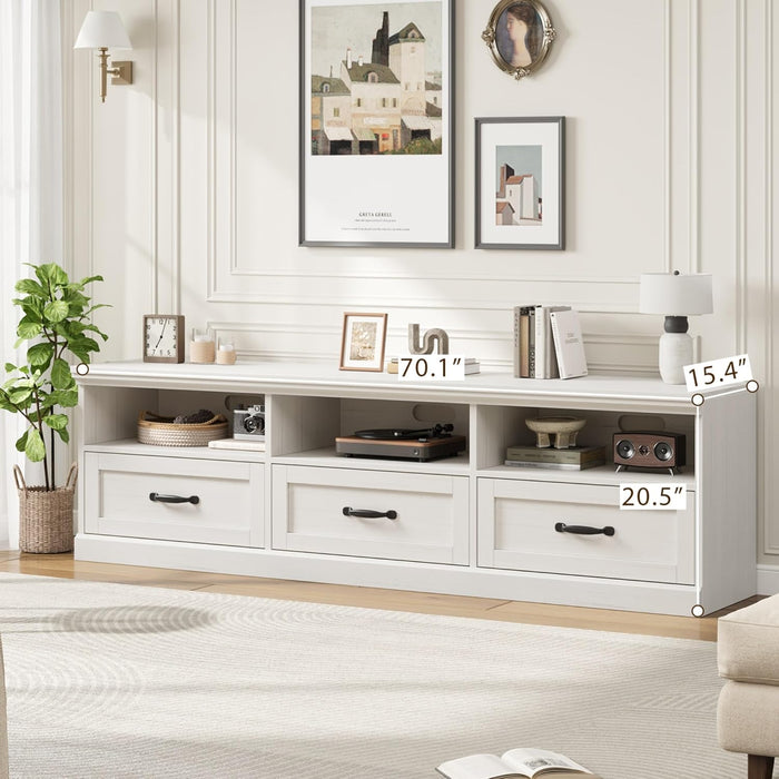 70In TV Stand for Tvs up to 80", Mid Century Modern Entertainment Center with Storage Drawer and Open Shelves, TV Console Media Cabinet for Living Room, Bedroom, Antique White
