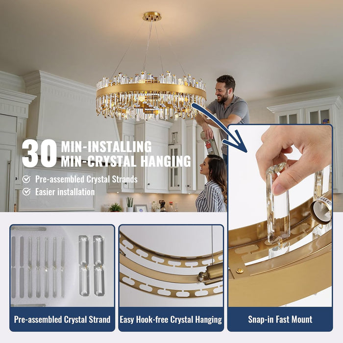 Gold Crystal Chandelier for Dining Room, 16-Light Modern Chandelier, 31.5-Inch K9 Crystal Raindrop Ceiling Light, Luxury Flush Mount Light Fixture for Kitchen Living Room Entryway Bedroom