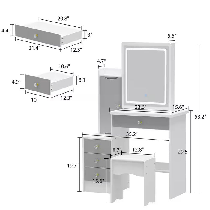 4-Drawers White Wood Makeup Vanity Sets Dressing Table Sets with Stool, Mirror, LED Light, Door and Storage Shelves