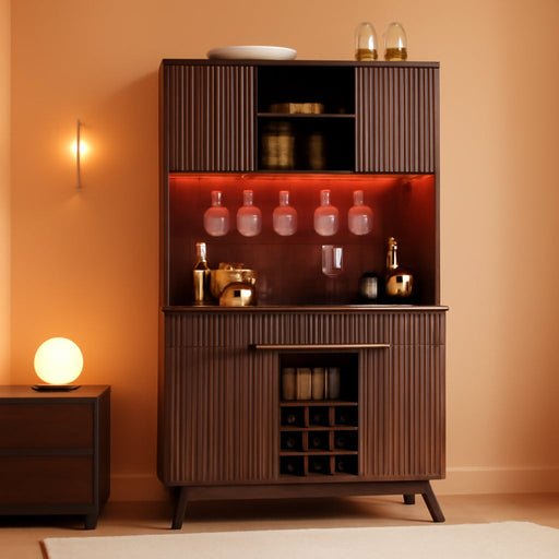 72 Inch WalnutFinish Wine Cabinet Illuminating Display