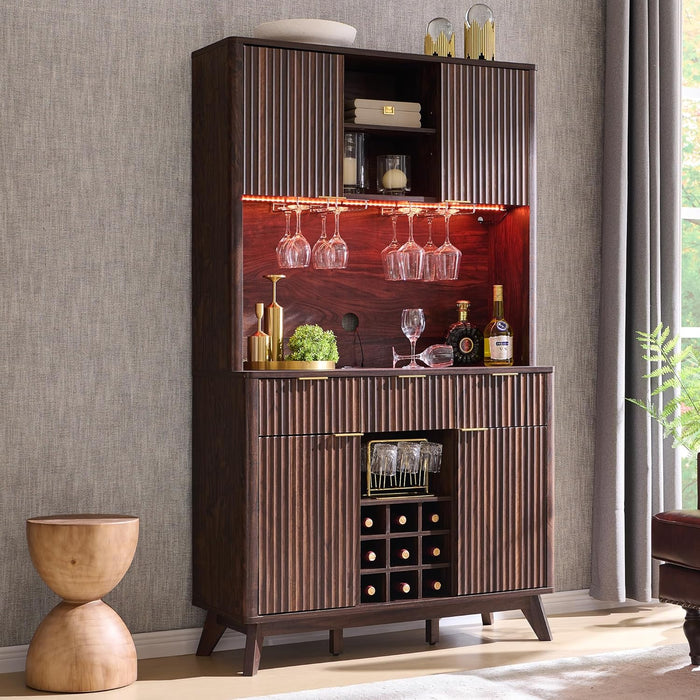 72 Inch WalnutFinish Wine Cabinet Illuminating Display